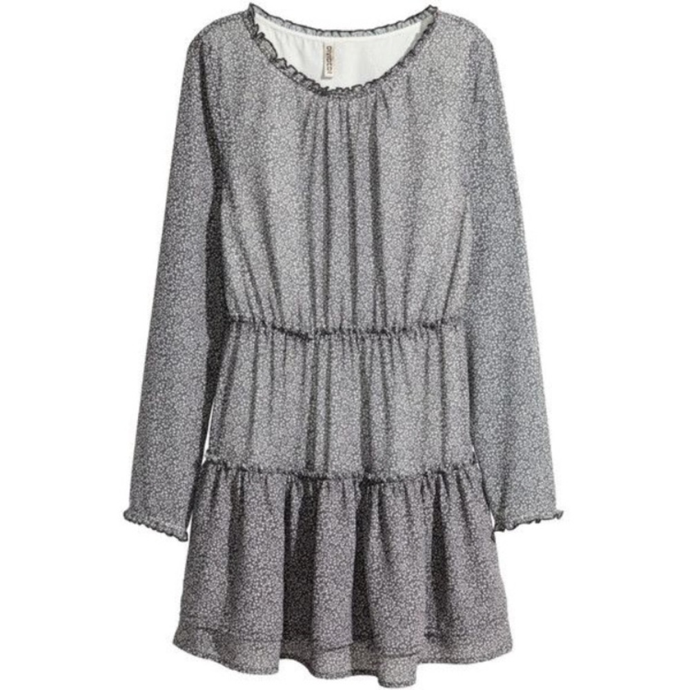 Grey And White Floral Peasant Ruffle Dress